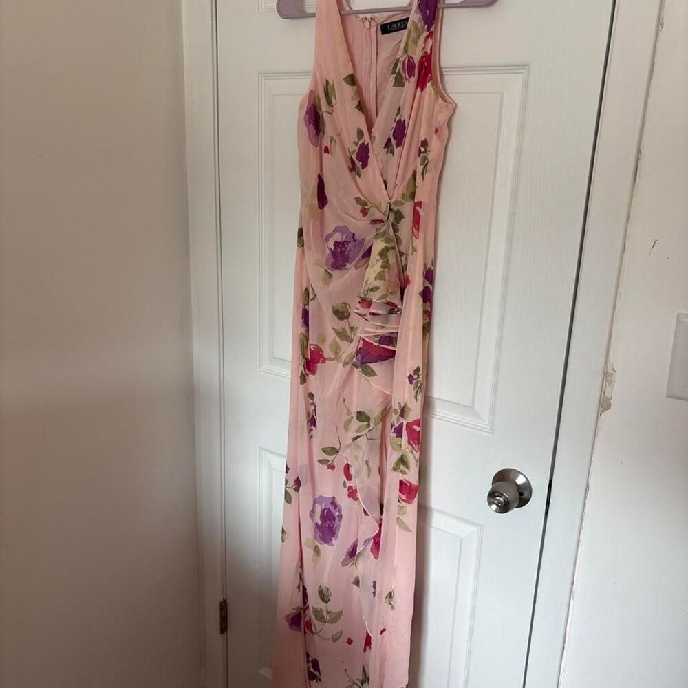 Lauren Ralph Lauren Pink Floral Ruffle Maxi Dress Romantic Garden Formal size 6